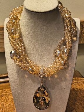 Christian Siriano Crystal Champagne Bib Choker Necklace With Large Pendant